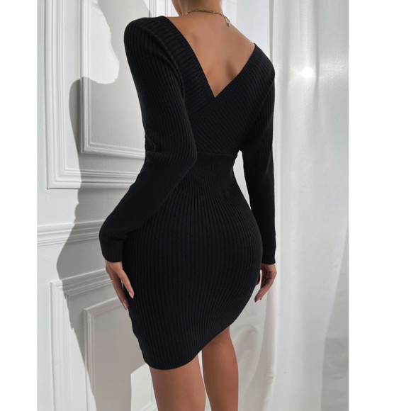Black Off Shoulder V-Neck Rib Knit Sweater Mini Short Dress Long Sleeve - Picture 3 of 9
